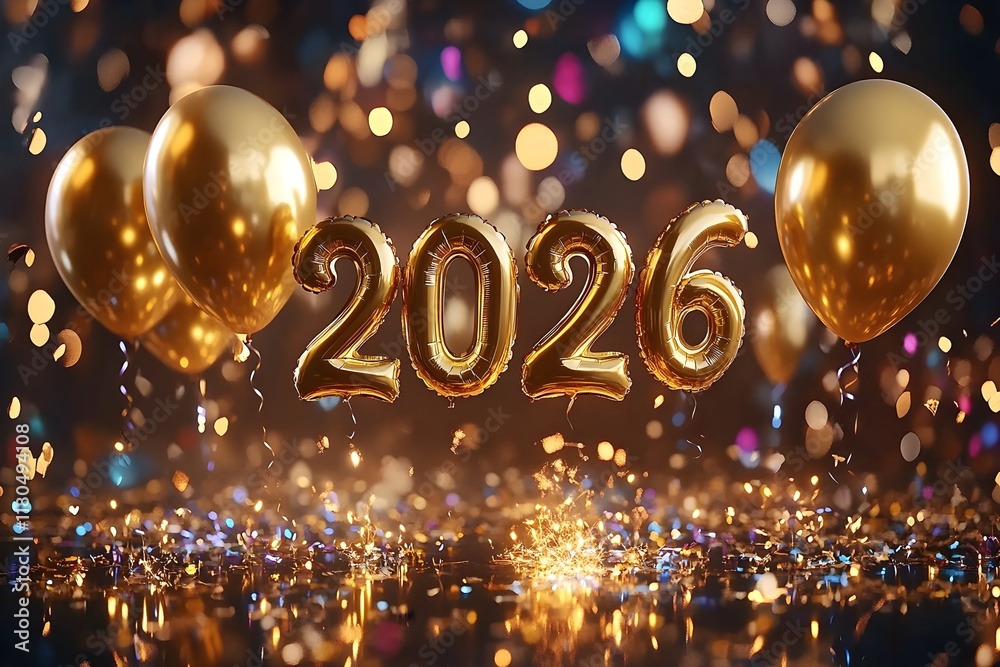 The golden foil balloons form the numbers 2026 on a dark background with colorful streamers and firecrackers, creating a festive atmosphere for a happy new year celebration.