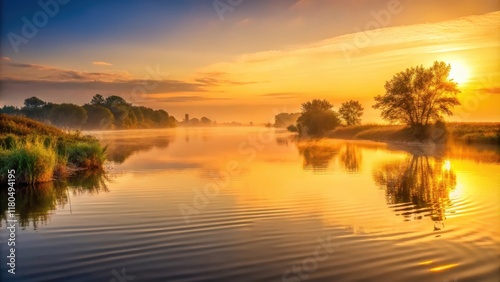 Softly glowing golden hues illuminate a serene river landscape at dawn