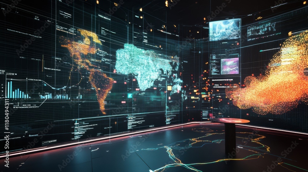 Obraz premium Futuristic command center showing world map and data visualization on multiple digital screens, representing global monitoring, analysis, and strategic decision making in a high tech environment