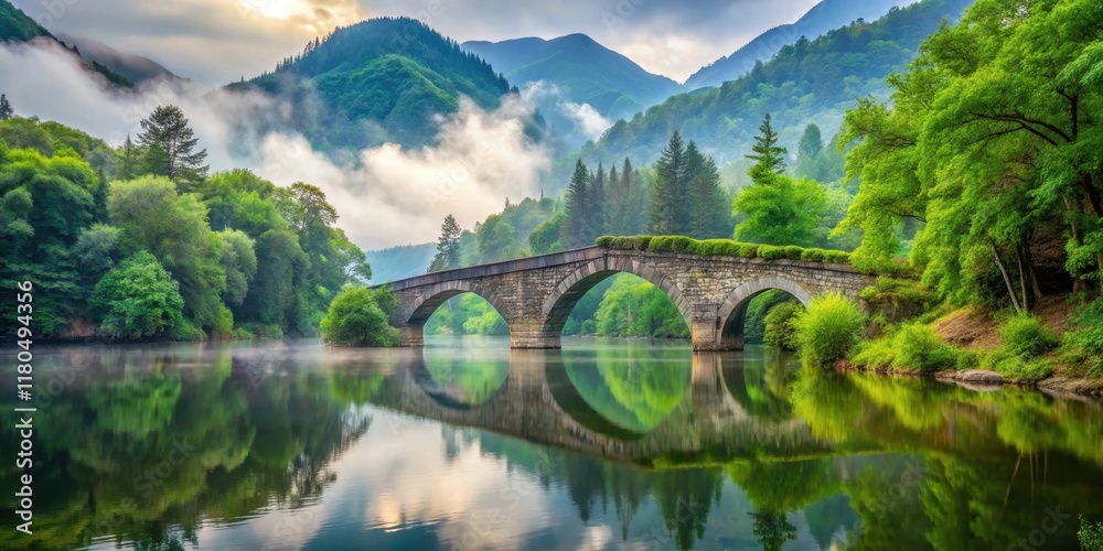 Fototapeta premium Ancient stone bridge over serene lake surrounded by lush greenery and towering trees with a misty background in the mountains , Altes Boot am Bergsee, mountain lake