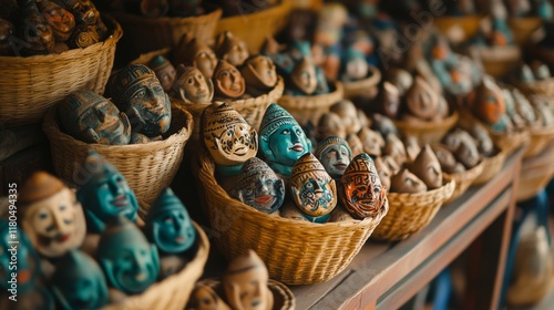 Vibrantly painted clay faces fill woven baskets, creating a colorful and textured array in an artisan's market stall. photo