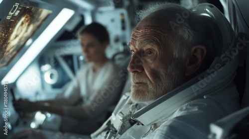 An elderly astronaut with a reflective expression is seated inside a modern spaceship cockpit, while a crewmate monitors the controls in the background. photo