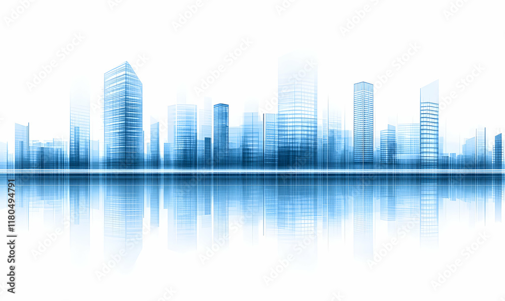 Abstract blue cityscape reflected in water, modern architecture, urban skyline, design element, futuristic city, clean background. Abstract blue cityscape reflected in water, modern architecture, urban skyline, design element, futuristic city, clean background.