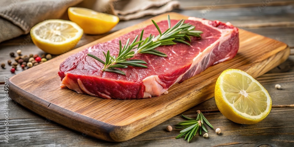 A juicy raw beef sirloin steak placed on a wooden cutting board with fresh rosemary sprigs and lemon slices, cooking, kitchen A juicy raw beef sirloin steak placed on a wooden cutting board with fresh rosemary sprigs and lemon slices, cooking, kitchen