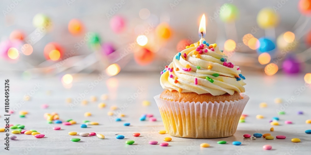 A colorful delicious birthday cupcake with creamy frosting on a plain white table against a light background, surrounded by candles and decorative sprinkles , bright colors, sweet treat A colorful delicious birthday cupcake with creamy frosting on a plain white table against a light background, surrounded by candles and decorative sprinkles , bright colors, sweet treat
