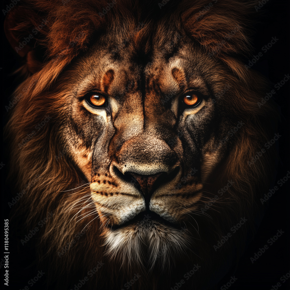 Fierce Lion Face with Bold Contours and Intense Eyes on Dark Background Fierce Lion Face with Bold Contours and Intense Eyes on Dark Background