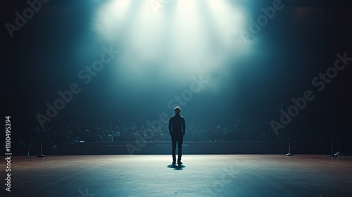 A solitary figure stands illuminated on stage beneath a spotlight, surrounded by darkness and anticipation from an unseen audience.