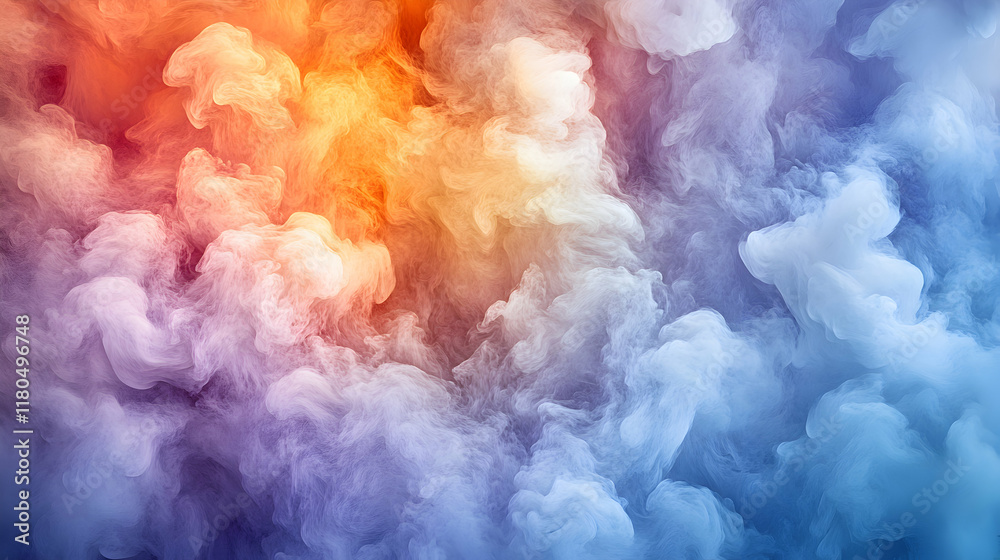 Fototapeta premium Abstract colorful smoke swirls, vibrant hues of blue, purple, orange, and white. Perfect for design backgrounds or artistic projects.
