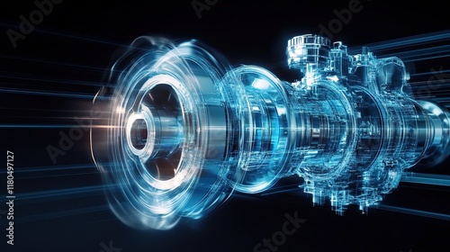 Blue transparent 3D render of a complex mechanical mechanism.