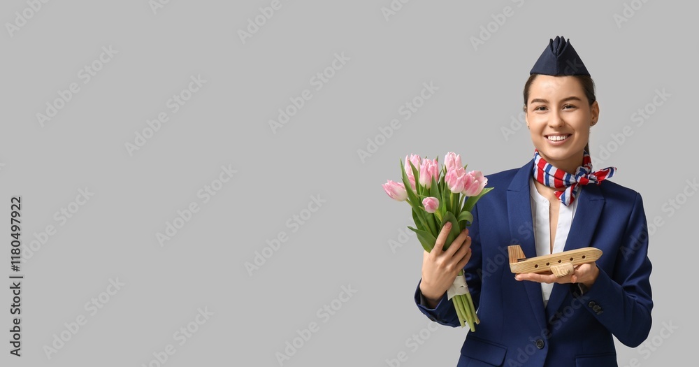 Young stewardess with tulips and toy airplane on grey background with space for text. Banner for Women's Day celebration Young stewardess with tulips and toy airplane on grey background with space for text. Banner for Women's Day celebration