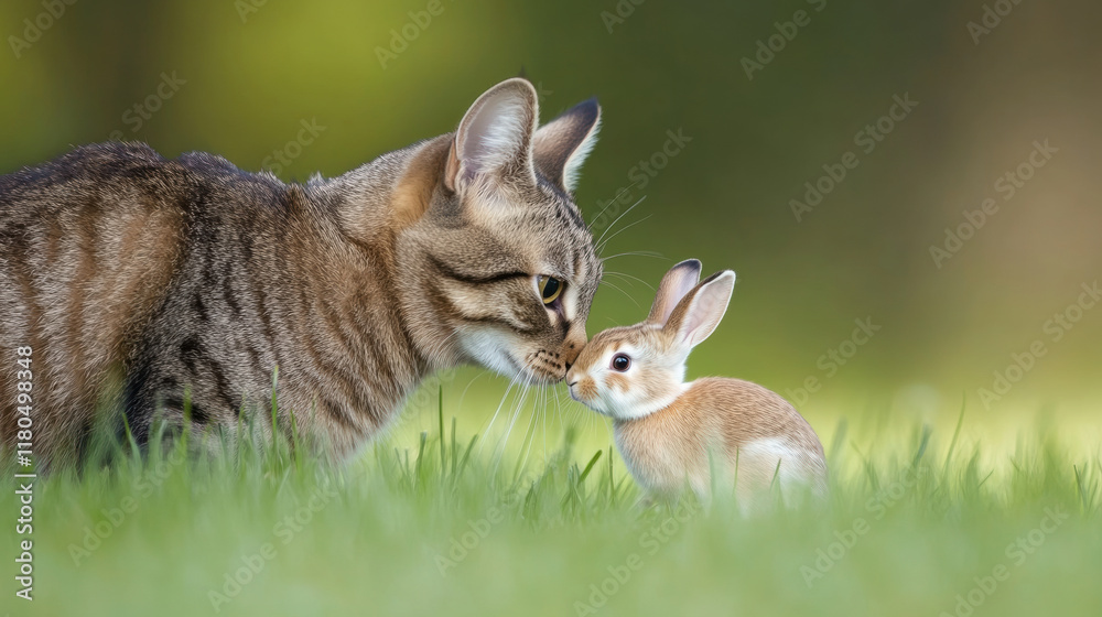 Fototapeta premium cat and small rabbit share tender moment in springtime meadow, showcasing cheerful connection in nature