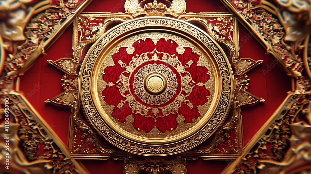 Ornate Golden Frame Encircles Red Intricate Design
