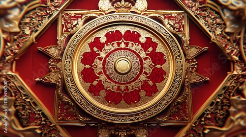 Obraz na płótnie Ornate Golden Frame Encircles Red Intricate Design w salonie