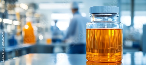 Chemical factory setup displayed on a table in an office, engineers visible in the blurred background. photo