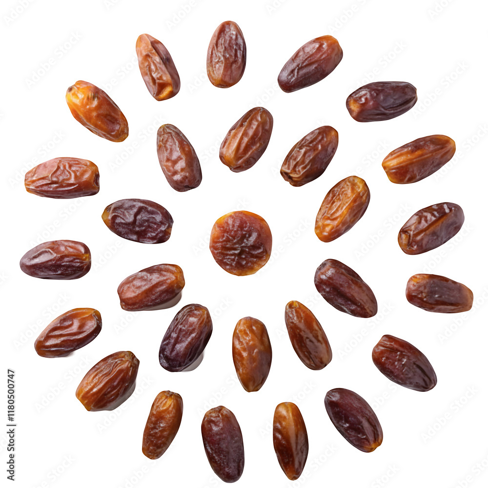 Obraz premium Dynamic freeze motion shot of dried dates palm concept. Dried dates palm scattered on a transparent surface create a rich visual texture. 