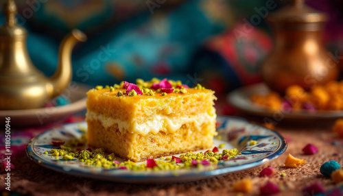 Wallpaper Mural A square of knafeh with shredded pastry, gooey cheese, pistachios, and rose petals. Torontodigital.ca