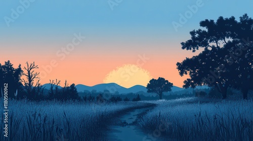 Serene Sunset Landscape With Stream And Silhouetted Trees