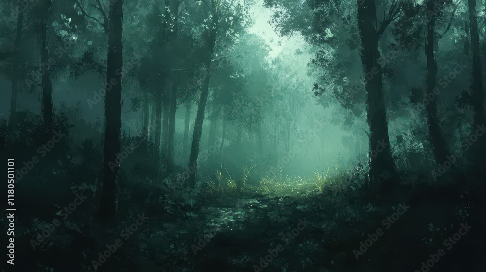 Mystical Forest Path Enveloped In Foggy Green Mystical Forest Path Enveloped In Foggy Green