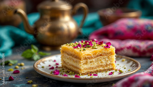 Wallpaper Mural A square of knafeh with shredded pastry, gooey cheese, pistachios, and rose petals. Torontodigital.ca