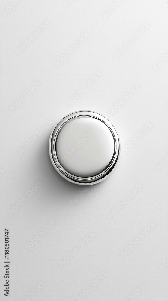 Close-up of a single, round, white button with a silver rim on a white background. Close-up of a single, round, white button with a silver rim on a white background.