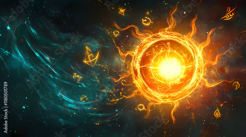 A wizards spell creating a miniature sun in the air, glowing brightly with ethereal light, surrounded by swirling magical energy and runic symbols. Nightglow. Illustration photo