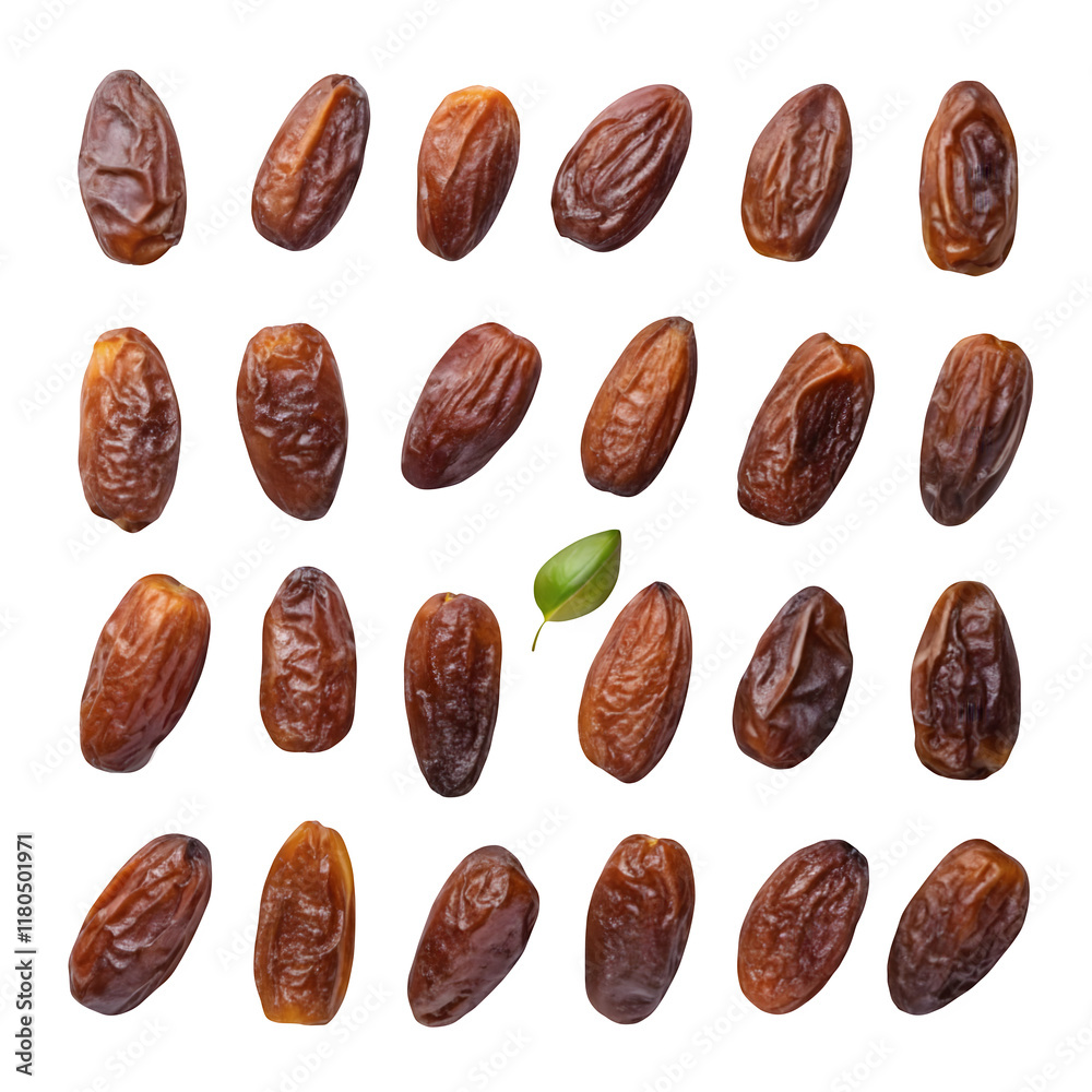Obraz premium Dynamic freeze motion shot of dried dates palm concept. Dried dates palm scattered on a transparent surface create a rich visual texture. 