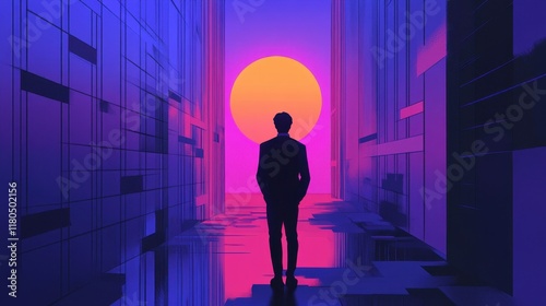 Man in Suit Walks Towards a Sunset in a City Alley