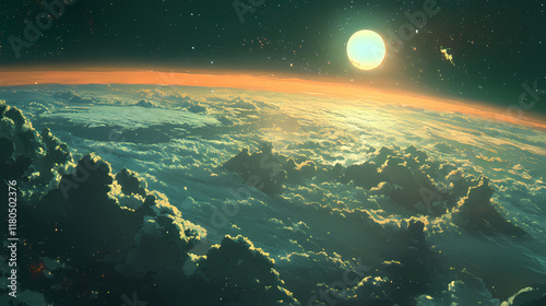 Earth's atmosphere and curvature from space. Nightglow. Illustration