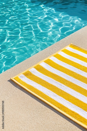 Sunny poolside with yellow and white striped beach towel on deck