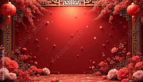 Red background with chinese new year ornaments. Generate AI photo