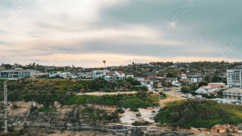 Sydney suburbs with ocean view, Dee Why, Northern Beaches, Australia. Drone photography photo