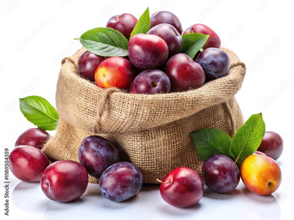 Plum Harvest: Jute Sack of Ripe Plums, Farm Fresh Fruit, Agricultural Product Plum Harvest: Jute Sack of Ripe Plums, Farm Fresh Fruit, Agricultural Product
