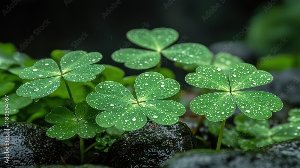 Dew-covered clovers amidst dark stones in nature. Dew-covered clovers amidst dark stones in nature.