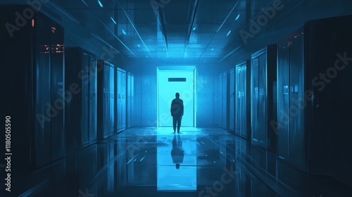 Solitary Figure in a Blue Lit Corridor