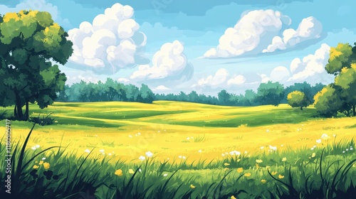 Idyllic Summer Meadow Landscape With Rolling Hills And Trees