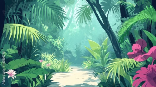 Lush Tropical Path Through Verdant Jungle Foliage
