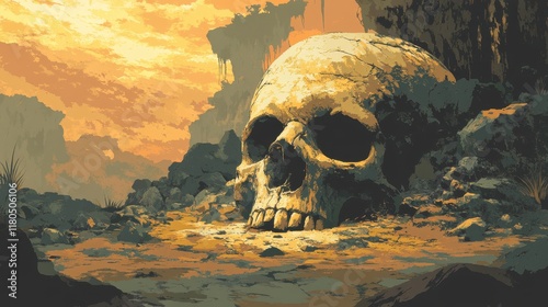 Giant Skull Rests In A Desolate Rocky Landscape
