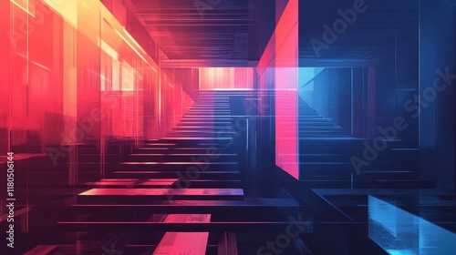 Abstract Staircase Ascending Through Neon Lit Geometric Hallway