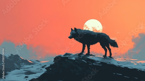 Lone Wolf Silhouette at Sunset on Mountain Peak
