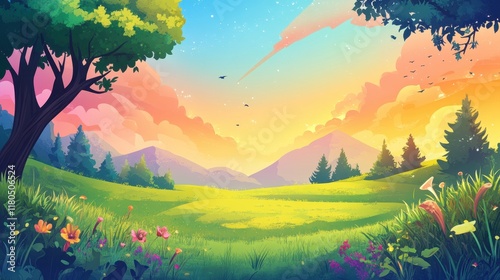 Serene Sunset Landscape Featuring Rolling Hills and Lush Meadows
