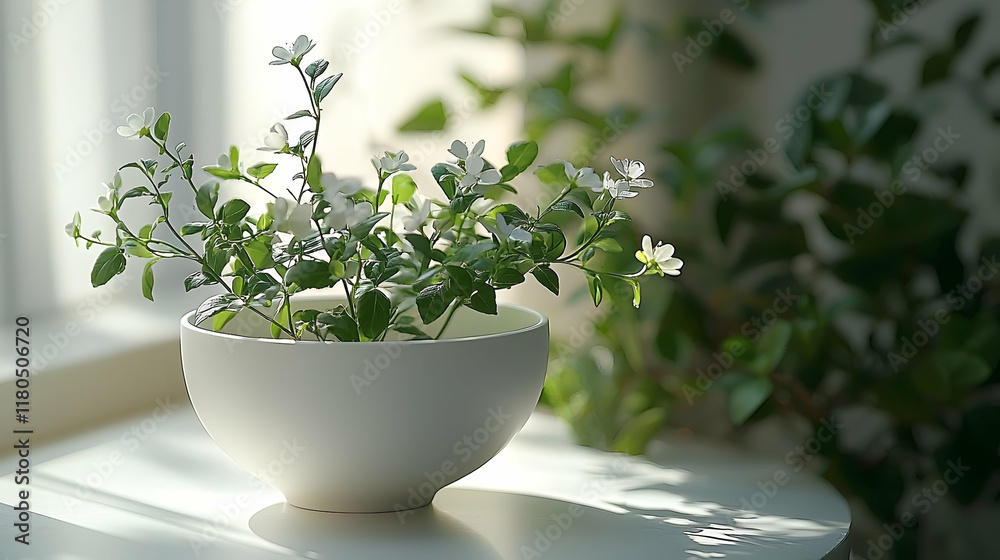White bowl with small white flowers on a table near a window, sunlight filtering through. White bowl with small white flowers on a table near a window, sunlight filtering through.
