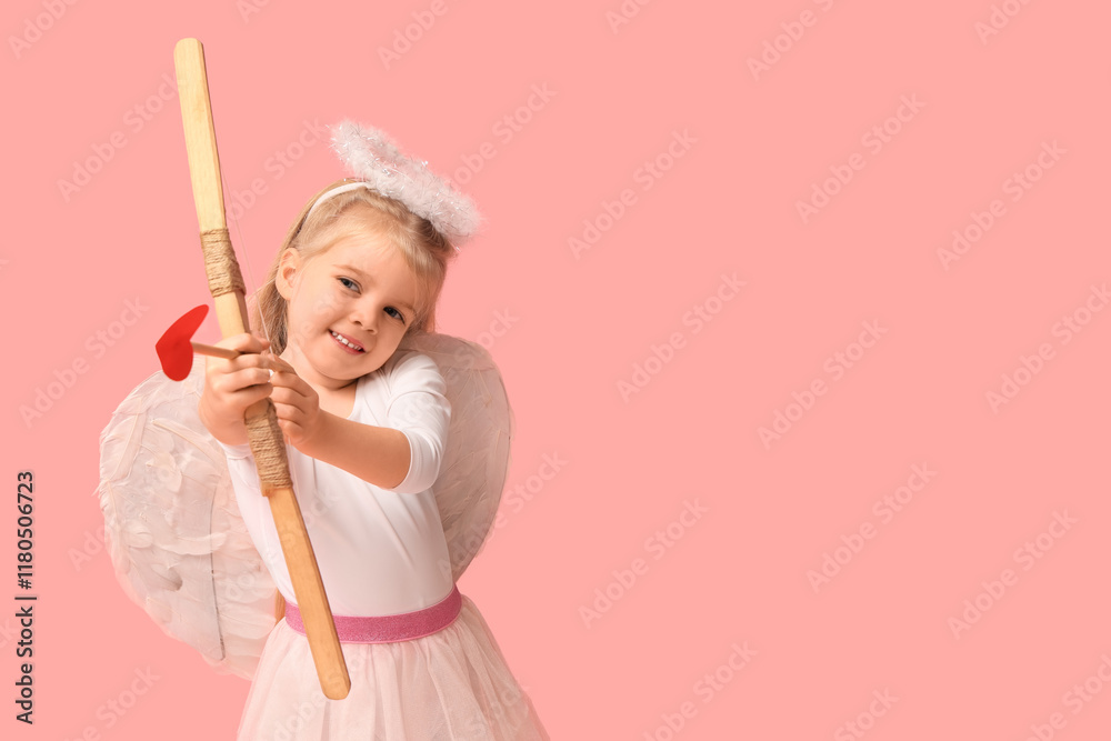 Cute little girl dressed as cupid with bow and arrow on pink background. Valentine's Day celebration Cute little girl dressed as cupid with bow and arrow on pink background. Valentine's Day celebration