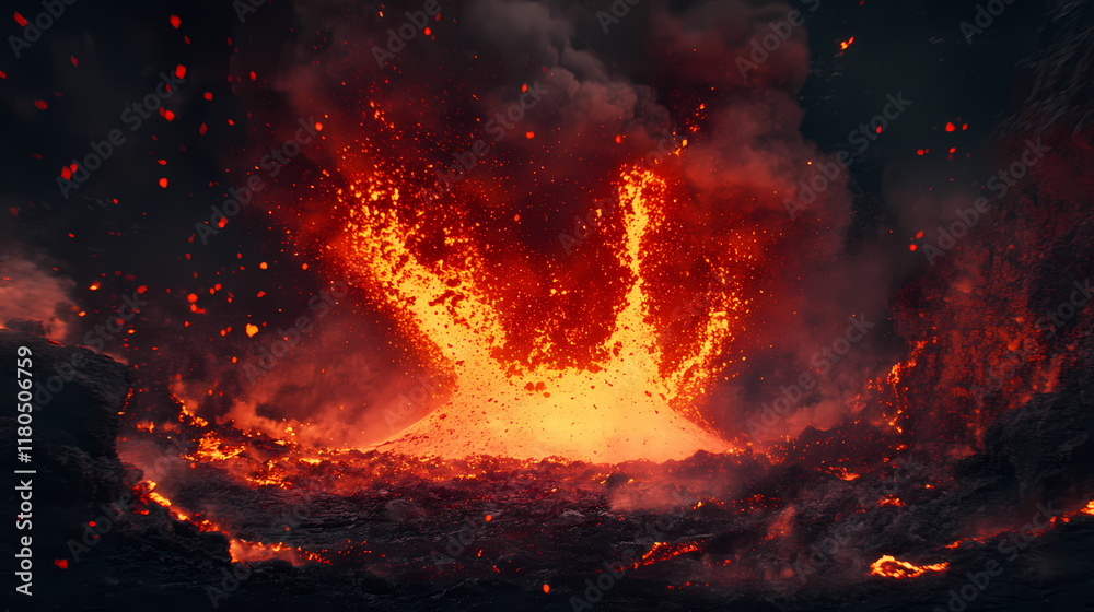 A dramatic shot of a volcano erupting, with lava spewing into the air, glowing red against a dark ash-filled sky. Nightglow. Illustration A dramatic shot of a volcano erupting, with lava spewing into the air, glowing red against a dark ash-filled sky. Nightglow. Illustration