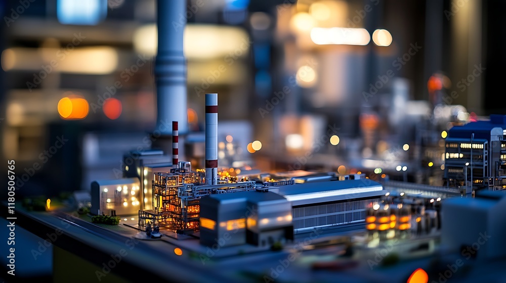 Fototapeta premium A miniature nuclear power plant displayed on a desk in an office setting, engineers visible in the blurry background.