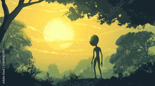 Alien standing in a forest at sunset