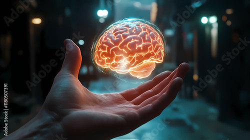 Wallpaper Mural A hand holding a holographic brain floating in the air, glowing and shining, photorealistic, cinematic. Nightglow. Illustration Torontodigital.ca