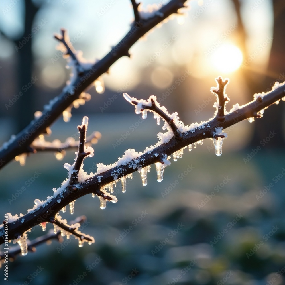 Icy crystals form on a bare leafless oak branch in the morning sun, frost, frosty Icy crystals form on a bare leafless oak branch in the morning sun, frost, frosty