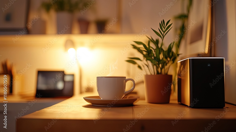 Obraz premium Cup and smart speaker on desk in warm lit room.