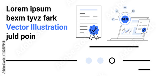 Document with a verification badge, line graph with DEF icon, sample text elements. Ideal for fintech, digital verification, blockchain, online documentation, financial analysis, cybersecurity