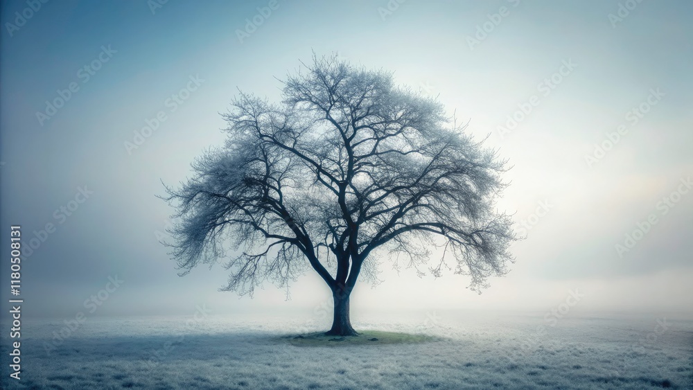 High-definition winter scene: a frosted apple tree emerges from the fog, minimalist and serene. High-definition winter scene: a frosted apple tree emerges from the fog, minimalist and serene.